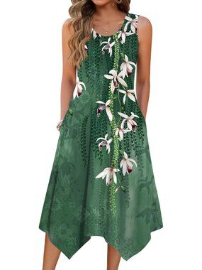 🆕Women's Green Summer Tank Dress Loose Flowy Beach Dress  Flare Midi Dress